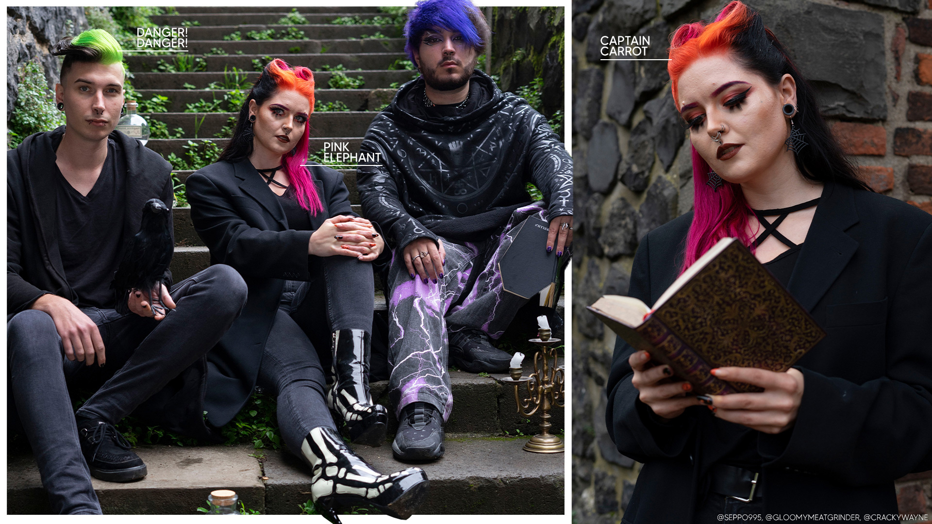 drei Personen mit bunten Haaren, orange, lila und grüne Haartönung